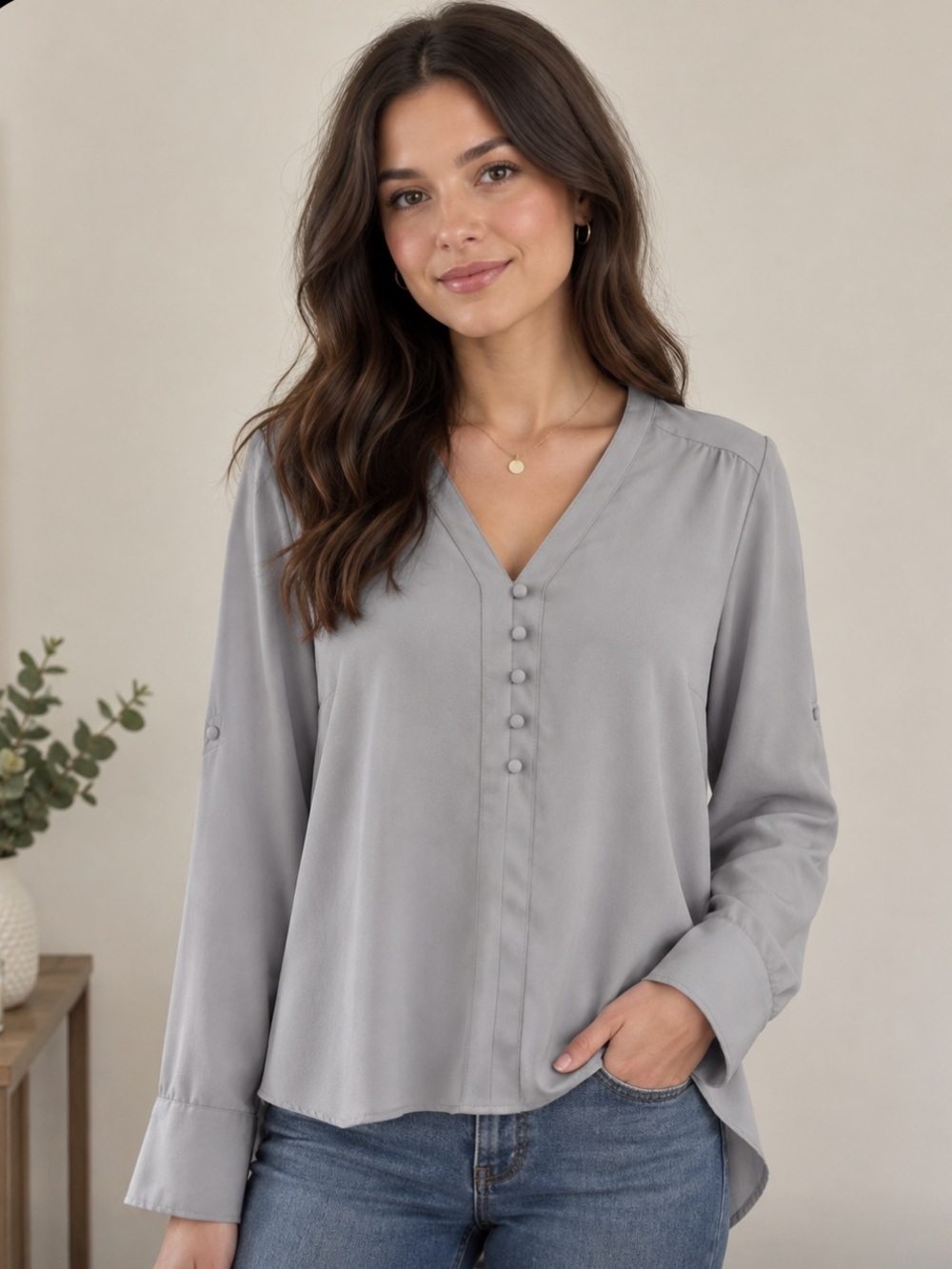 Express Chiffon V-Neck Button-Trim Blouse